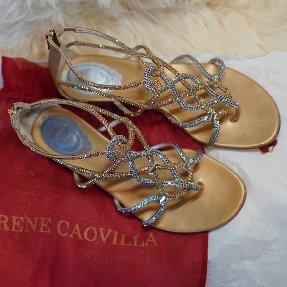 RENE CAOVILLA gold silver stain/lamb strass sandal - Picture 3 of 5